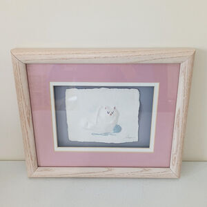 Vintage Framed Matted White Cat In Basket W/ Yarn Embossed Pressed Paper 9x11
